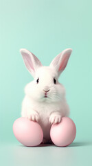 Naklejka na ściany i meble Adorable white rabbit perched on pastel pink eggs against a teal background, symbolizing Easter.