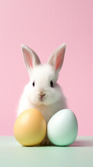 Cute white bunny sitting behind pastel-colored Easter eggs on a pink background, festive atmosphere.