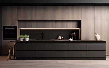 front view of modern designer kitchen with smooth handleless cupboards with black edges. generative ai