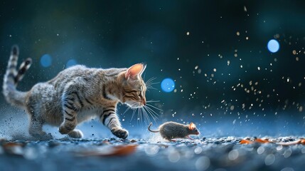 A cat hunting a mouse.