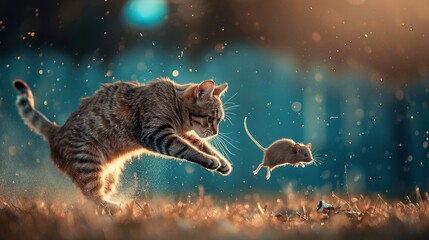 A cat hunting a mouse.