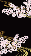 日本風の背景。桜と金色の背景のスマホサイズのイラスト