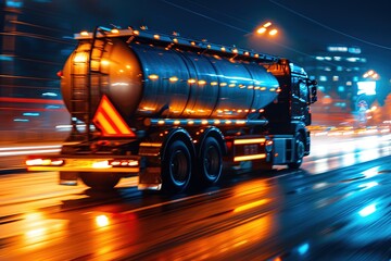 A large tanker truck driving at night. - obrazy, fototapety, plakaty