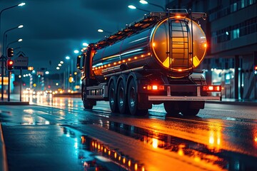 A large tanker truck driving at night. - obrazy, fototapety, plakaty
