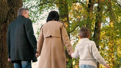 Family hand in hand goes through park. Family goes amidst grandeur of park trees at pace. Family in serene ambiance of park with trees enjoys stroll joining hand in hand adding to harmony of moment