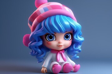 A cute toy with vibrant blue hair and a lovely pink hat. Cartoonish. Generative AI