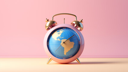 earth clock on pink background, world earth day - obrazy, fototapety, plakaty