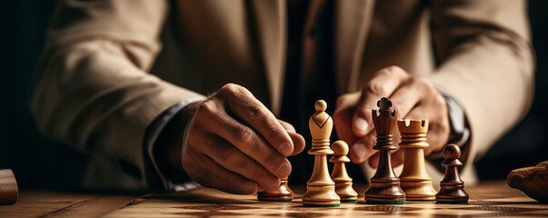 Close-up of a man playing chess. The concept of business strategy.
