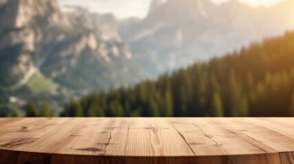 The empty wooden brown table top with blur background of dolomite mountain. Exuberant image. generative AI
