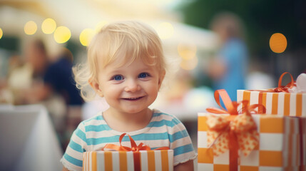 Fototapeta na wymiar A cheerful toddler with blond hair smiling at the camera, surrounded by wrapped gifts at a festive celebration.