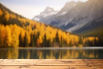 The empty wooden table top with blur background of lake and mountain in autumn. Exuberant image. generative ai