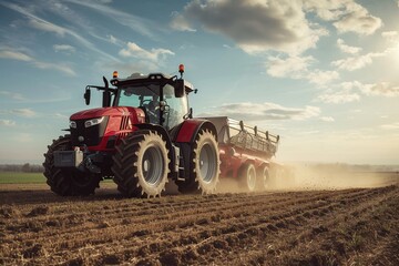 Obraz premium Big tractor on a field in spring.