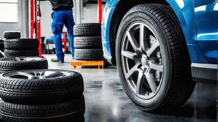 At the automotive repair shop, a technician is swapping out winter and summer tires to ensure a safe journey on the road.