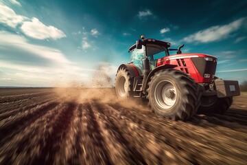A tractor shuttles through the farmland very fast.