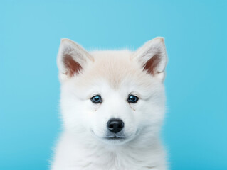 Naklejka premium A portrait of an adorable white puppy with a curious gaze, set against a soft blue background, evoking playfulness and innocence.