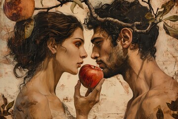 Adam and Eve with an apple. The concept embodies temptation and choice. - obrazy, fototapety, plakaty