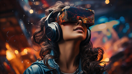 A woman explores a virtual landscape, wearing a VR headset with a reflective lens, deeply engaged in the vibrant, interactive experience.