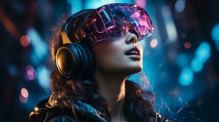 An entranced woman with headphones loses herself in a high-tech virtual reality world, reflected in the colorful VR headset lens.