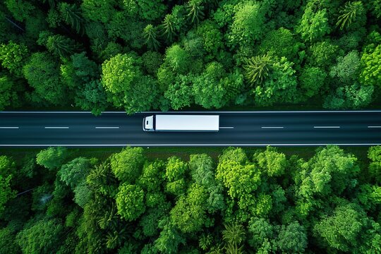 Top view of truck driving on highway road in green forest.