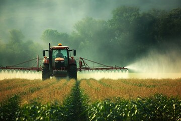 Tractor spraying pesticides fertilizer on corn field.