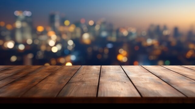 The empty wooden table top with blur background of sky lounge on rooftop with cityscape view. Exuberant image. generative AI