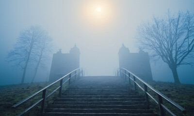 stairs and lights in fog above blue sky background 