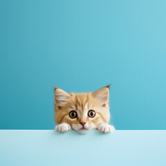 Adorable ginger kitten with big eyes peeking curiously over a white edge against a solid blue background.