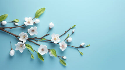 Beautiful spring cherry blossoms arranged on branches against a serene blue background, symbolizing renewal.