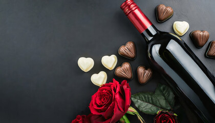 Bottle of red wine, beautiful roses and heart shaped chocolate candies on black background with copy space