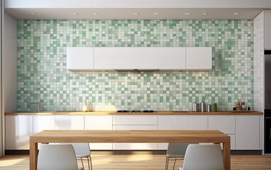 Modern kitchen interior with white green mosaic walls, and wooden floor. generative ai