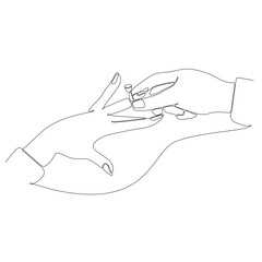 Single one line drawing groom puts ring on finger of bride. Bride and groom make vows of loyalty on their wedding day. Marriage Ceremony Celebration Concept. Modern continuous line draw graphic desig