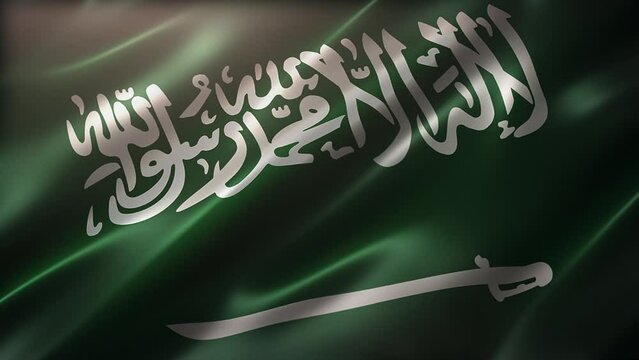 The Flag of Saudi Arabia high-angle, perspective view, waving in the wind, realistic with a cinematic look and feel, and elegant silky texture. Realistic CG animation seamless loop-able.
