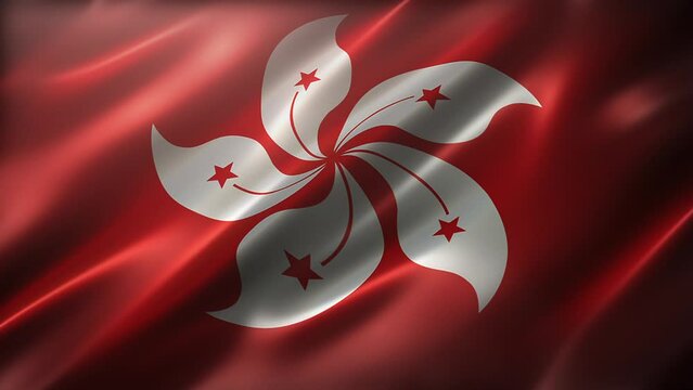 Flag of Hong Kong, high-angle, perspective view, waving in the wind, realistic with a cinematic look and feel, and elegant silky texture. Realistic CG animation seamless loop-able.