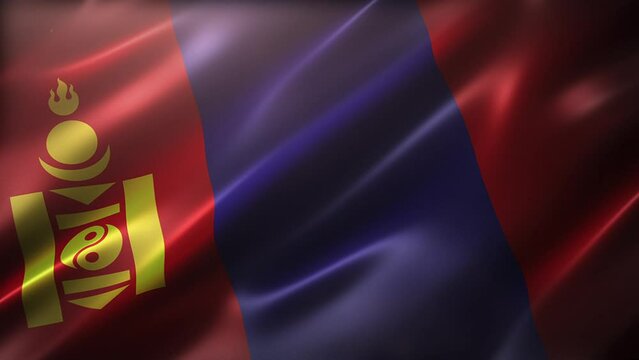 The National Flag of Mongolia, high-angle, perspective view, waving in the wind, with a cinematic look and feel, and elegant silky texture. Realistic CG animation seamless loop-able.