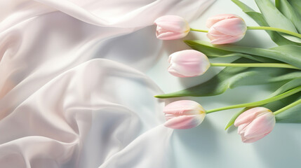 A gentle arrangement of soft pink tulips on a flowing white silk fabric, exuding a serene and delicate charm.