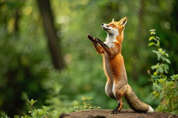 Naklejka na ściany i meble Fox dancing in forest.