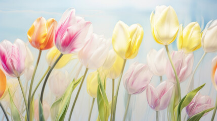 A row of tulips painted with soft pastel brush strokes, creating an artistic and delicate floral background.