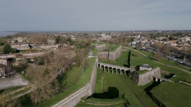 Citadelle de Blaye Frontal Aerial in Bordeaux, France - aerial