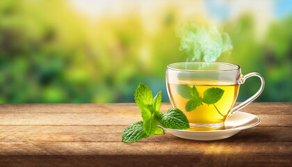 Glass cup of aromatic green tea with fresh mint on wooden table with blurred background - obrazy, fototapety, plakaty