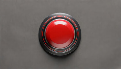 Top view of red button on grey background with copy space - obrazy, fototapety, plakaty