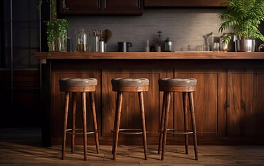 Close-up of the kitchen bar made of dark wood and three stools standing nearby. generative ai