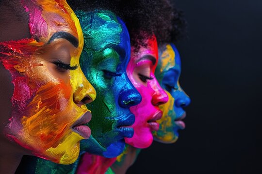 Profiles of African women with painted skin in a variety of colors. Black History Month.