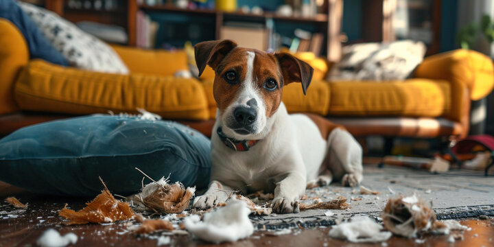 Dog behavior training concept. Naughty dog looking into camera innocently lying on floor made a mess being with owners at home alone in the living room	