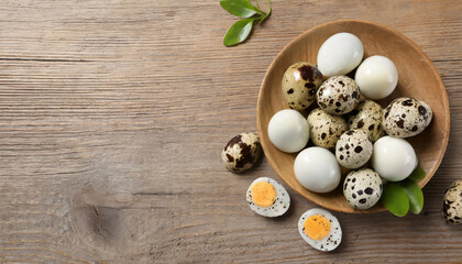 Unpeeled and peeled boiled quail eggs in bowls on wooden table, flat lay - obrazy, fototapety, plakaty