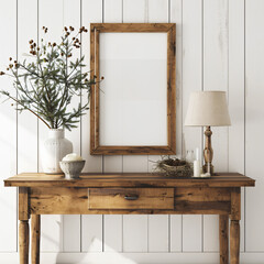 mockup empty, black vertical blank poster frame hanging on cream-colored shiplap wall next to a Christmas tree