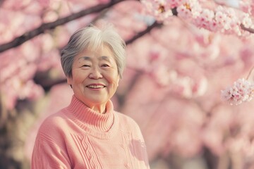 花見を楽しむ日本人おばあさんのポートレート（春・桜・祖母・おばあちゃん・シニア・高齢者） - obrazy, fototapety, plakaty