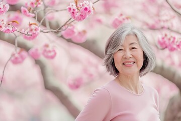 花見を楽しむ日本人おばあさんのポートレート（春・桜・祖母・おばあちゃん・シニア・高齢者）