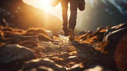 mountain hiking, lens flare shallow depth of field