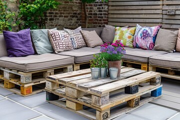 Outdoor chairs and table made from euro pallets.