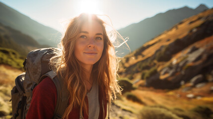 mountain hiking, lens flare shallow depth of field